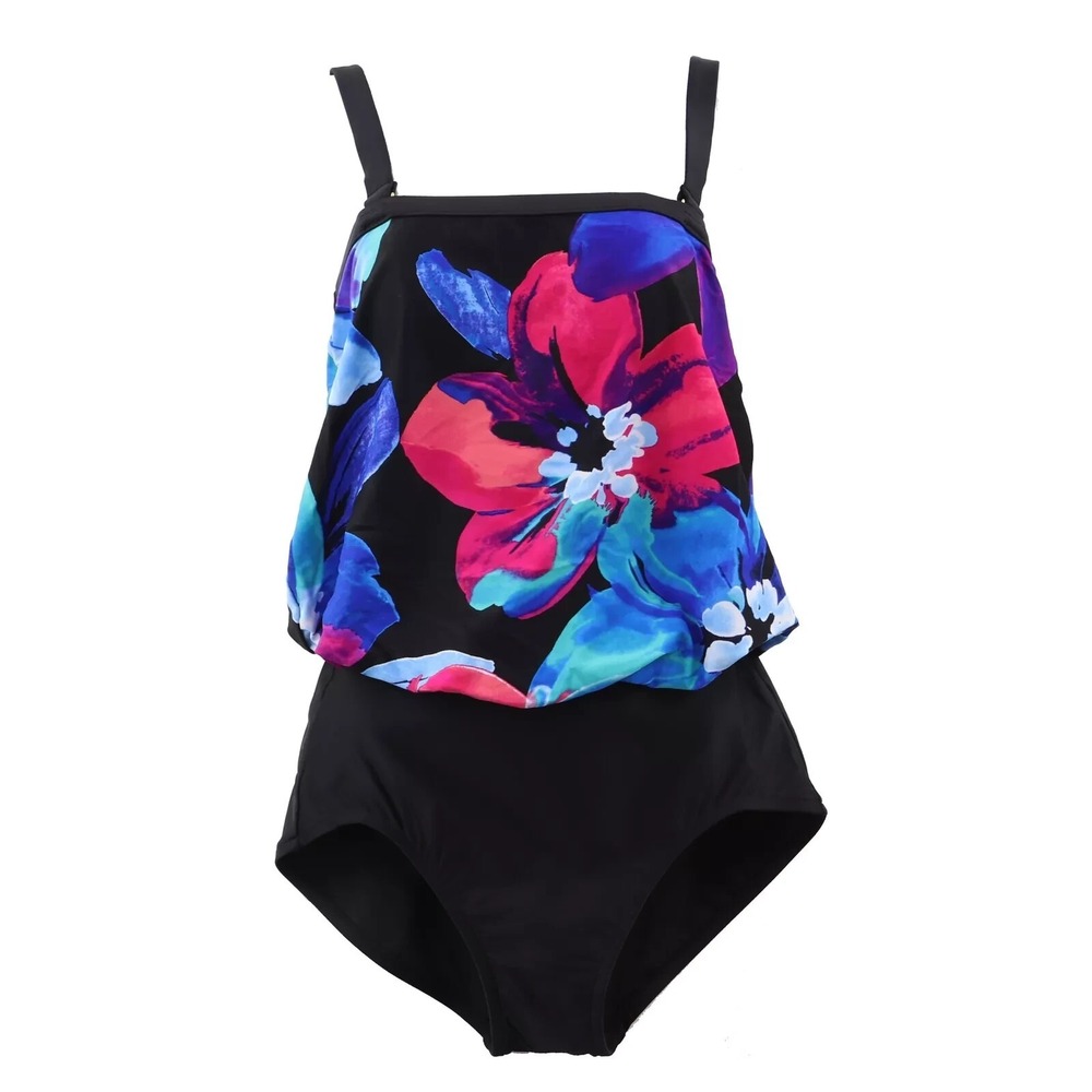 NWT 2 Bamboo Womens' One-Piece Swimsuit, Small (6-8), Floral / Black